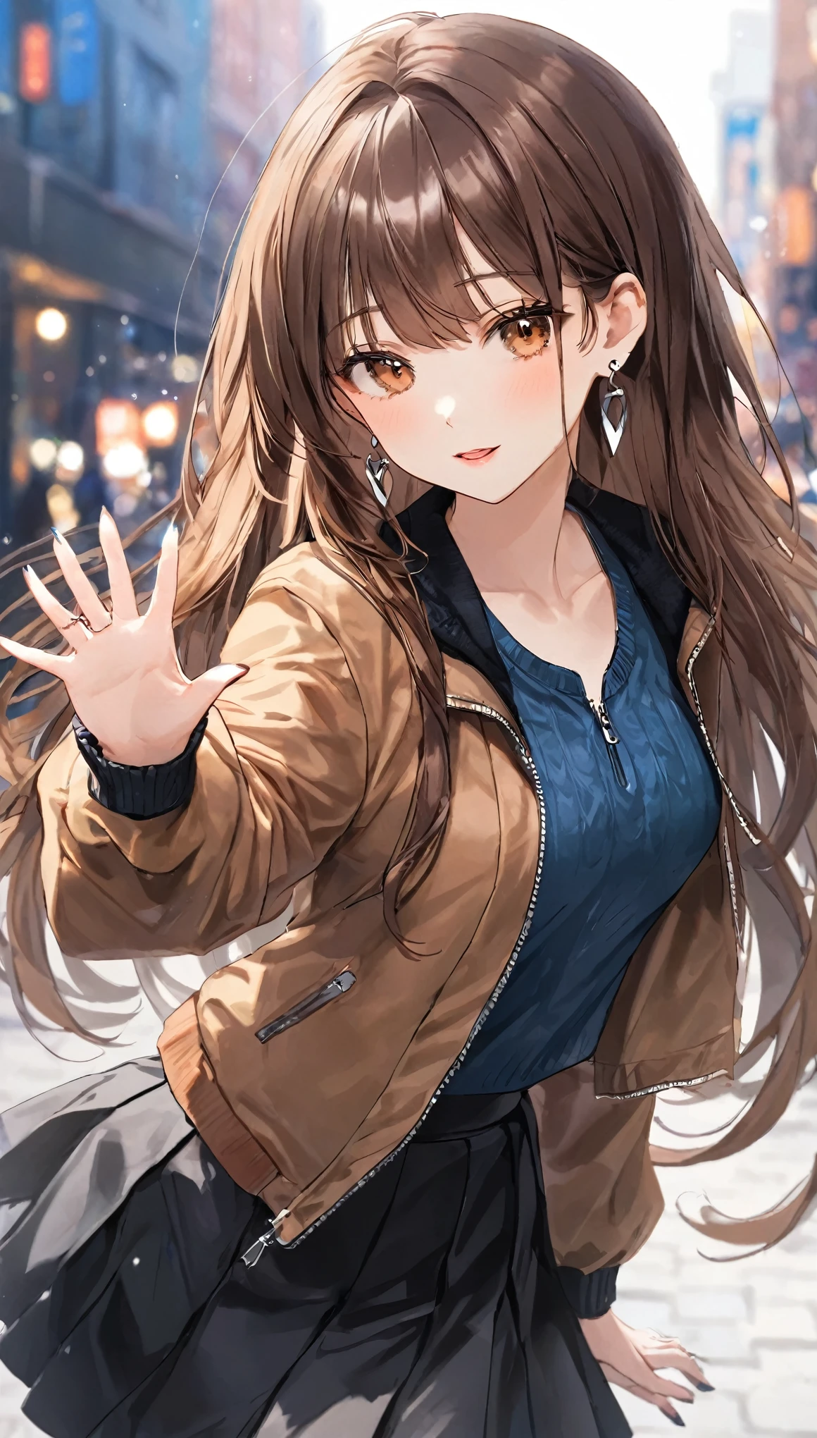 double,, , One girl, Ahoge, bangs, black skirt, black sweater, Blue Claws, Blurred, Blurred background, chest, Brown eyes, Brown Hair, brown Jacket, Mouth closed, Day付付き, Day, Depth of written boundary, Earrings, eyelash, Raise your hand, Tilt your head, Jacket, jewelry, Long Hair, Long sleeve, View Viewer, medium chest, Manicure, Open clothes, open Jacket, Outdoor, Pursed lips, Tucked in shirt, Side Lock, skirt, Sleeves are longer than the wrist, alone, sweater, Upper Body, zipper, , , ((masterpiece)), , 