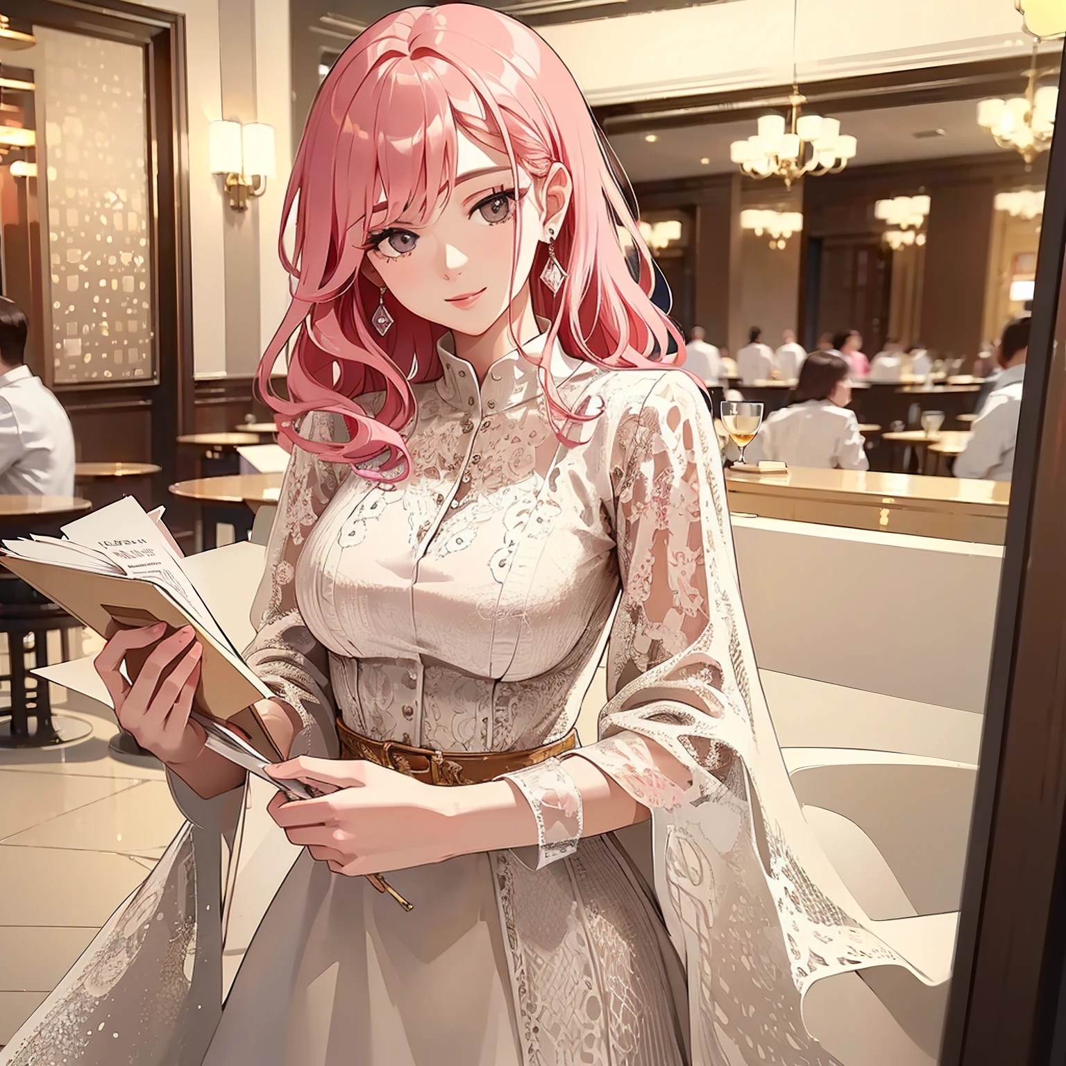 (masterpiece, high quality, 4k:1.4), 1girl, solo, pink hair, brown eyes, double-parted bangs, long hair, (mature female, mature:1.2), mole under eye, earrings, elegant lace dress, close up, night time, bar, cafe, indoors, restaurant, smile, flowy hair