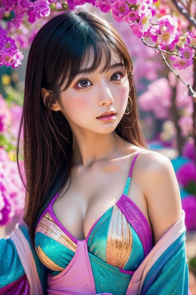 best quality, 8k, highly detailed face and skin texture, high resolution, y japanese girl in colorful bodysuit, fantastic style background image, magical style, sharp focus