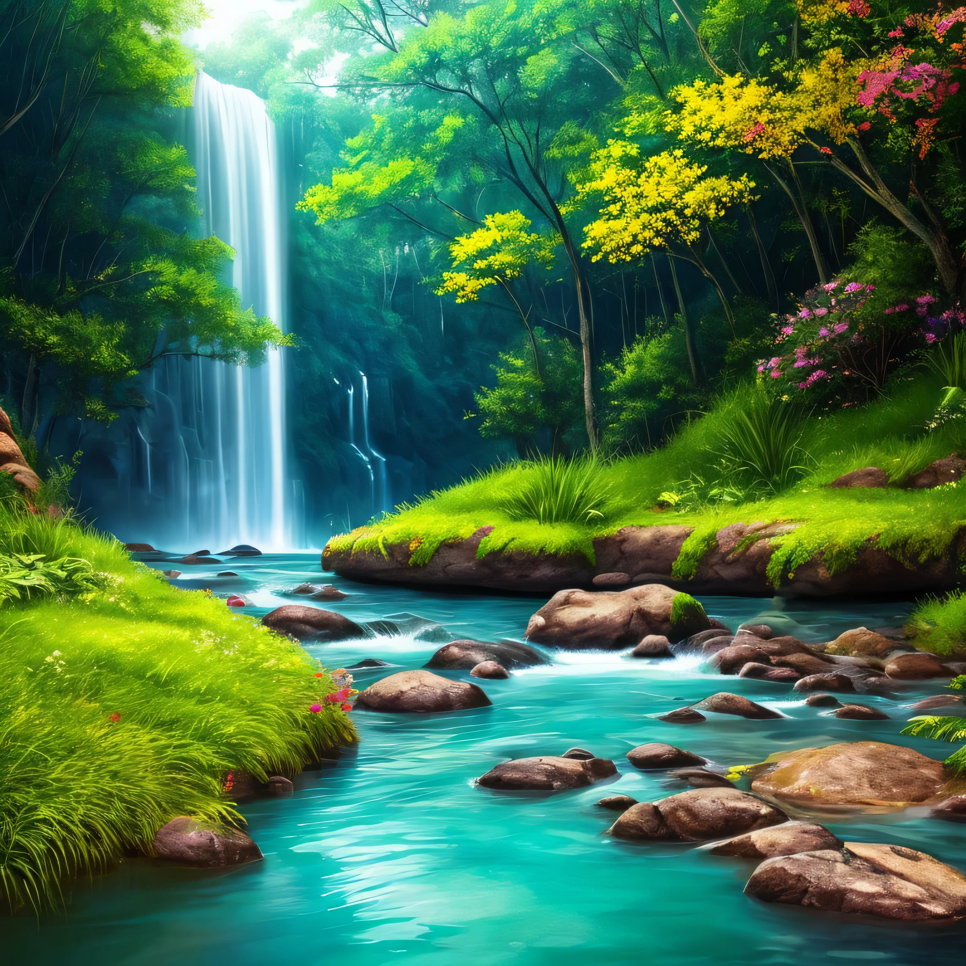 masterpiece, 最high quality, high quality, Very detailed CG unity 8k wallpaper, Vibrant colorful flowers、waterfall、rain、rain、rain、an extremely colorful and pure fantasy environment, bright green grass landscape, colorful trees々々, Shining Fruit, Bright blue flowers. The color of the river is deep blue, The air is filled with sweet exotic scents. The environment is like a dream, Award-winning photography, Bokeh, Written boundary depth, High resolution, bloom, chromatic aberration ,Realistic,Very detailed, Trending on Art Station, CGSociety Trends, Complex, Attention to detail, dramatic, art:The middle of a journey
