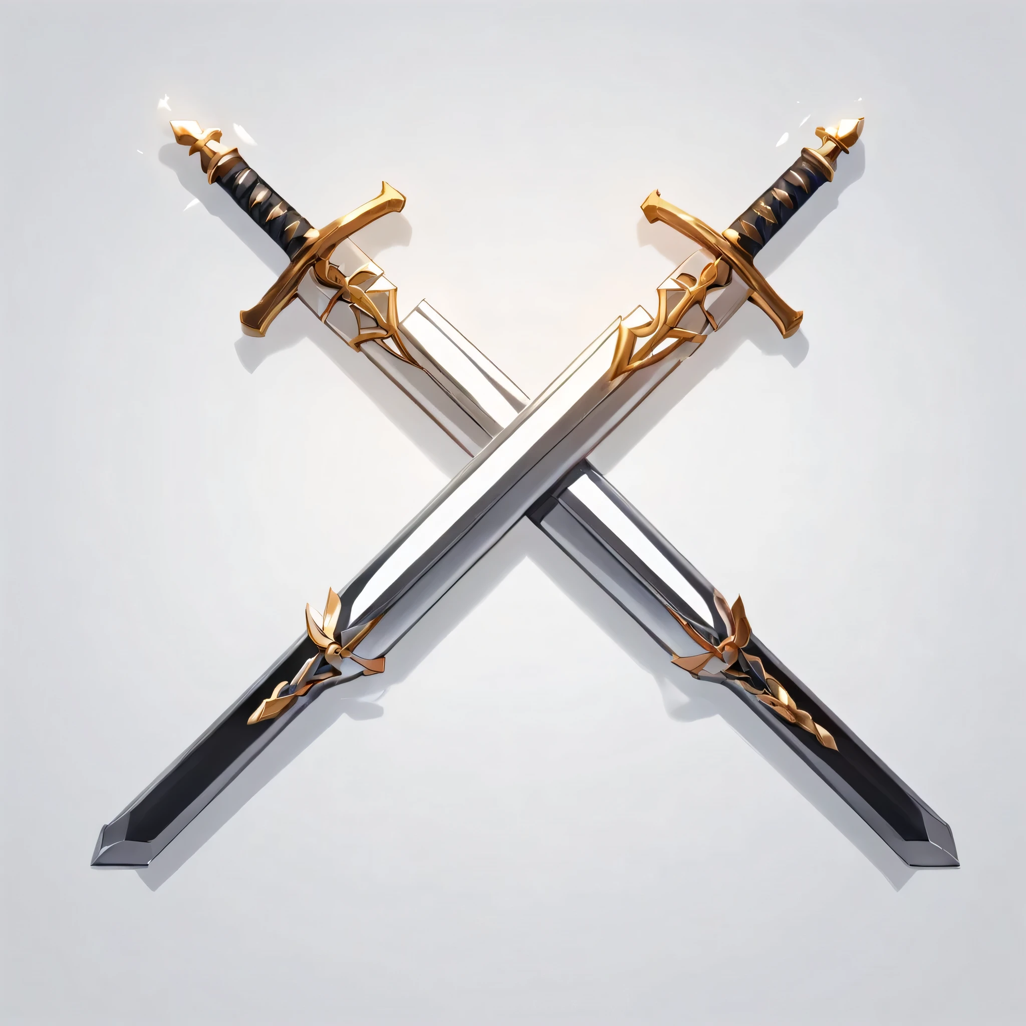 masterpiece, best quality, official digital art, 2D icon to be used for a card game, the icon is 2 short swords that cross each other, the 2 swords should cross each other at the middle, the swords are shiny and metallic silver, the swords are very simple and not fancy or overly decorated, the swords do not have extra spikes coming out of them, one sword should be on top of another the swords should not combine, White background, 8k, anime-inspired style, no people, no humans