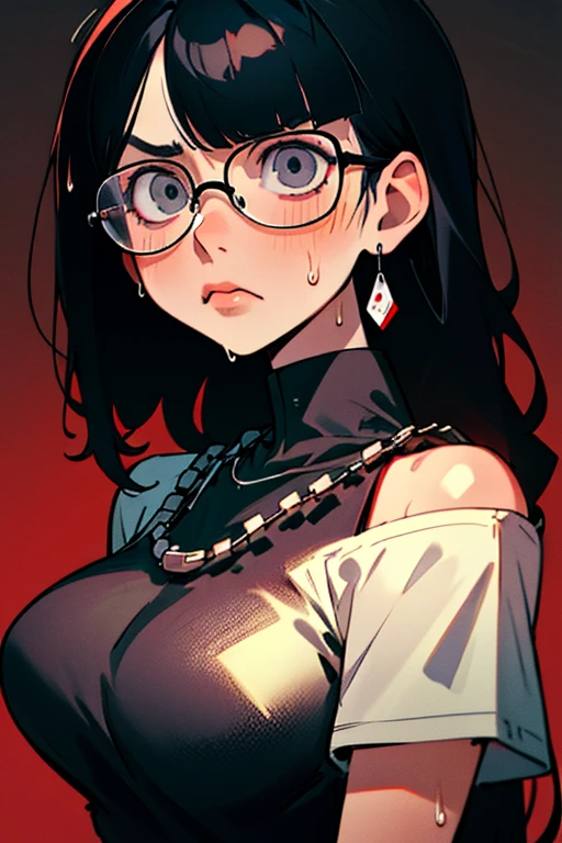 (masterpiece), best quality, expressive eyes, High resolution, Anatomically correct, 1 Girl, Perfect face, Perfect hands, woman, pale, Glasses, Straight Hair, Bangs, Black Hair, very long Straight Hair,  Gray eyes, Glasses, Weak, fatigue的, Large Breasts, Graphic T-shirt, Gothicic, Emo, Gothic, Expose the left shoulder, perforation, ear perforation, lip perforation, fatigue, Eye bags, sore, Empty eyes, Poker face, Weak, Crazy face, Crazy Eyes, side fringe, Necklace, permanent, Terrified, Shock, nervous, emphasize, sweat, Black Hair, Gray eyes, Wet shirt, Black Hoodie,