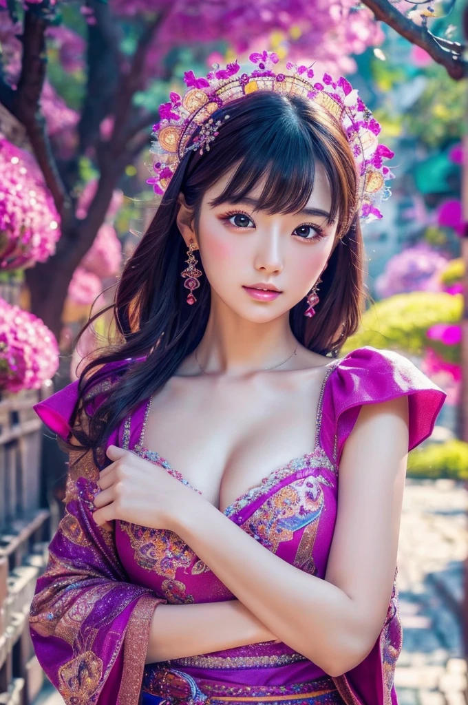 best quality, 8k, highly detailed face and skin texture, high resolution, y japanese girl in colorful dress, fantastic style background image, magical style, sharp focus