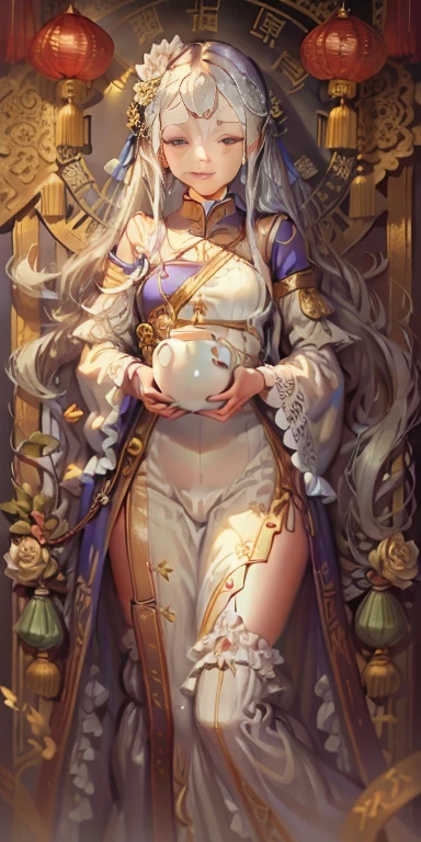 ((best quality)), ((masterpiece)), ((Extremely detailed)), (illustration), (Detailed lighting), (Extremely delicate and beautiful),Charming young girl,Long white hair,Blue sky,(Chinese Garden),Silky