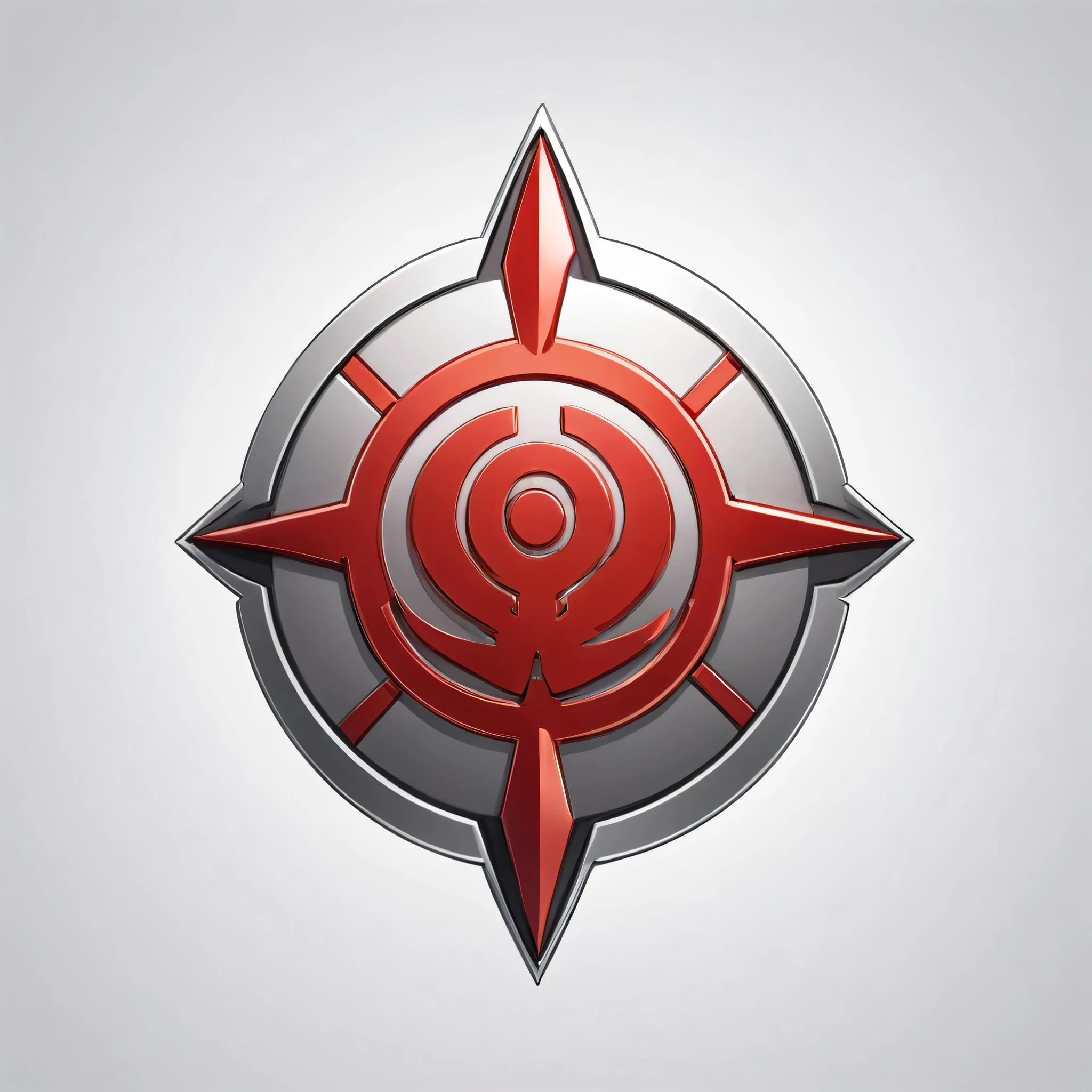 masterpiece, best quality, official digital art, 2D icon to be used for a card game, the icon is an emblem that represents an offense or attack type fighting style, the emblem is in a red-silver color, the emblem is also metallic, White background, 8k, anime-inspired style, no people, no humans