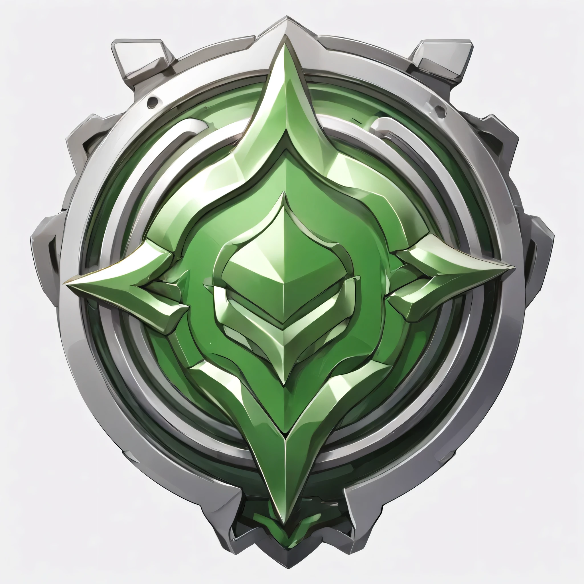 masterpiece, best quality, official digital art, 2D icon to be used for a card game, the icon is an emblem that represents an defense type fighting style, the emblem is in a green-silver color, the emblem is also metallic, White background, 8k, anime-inspired style, no people, no humans