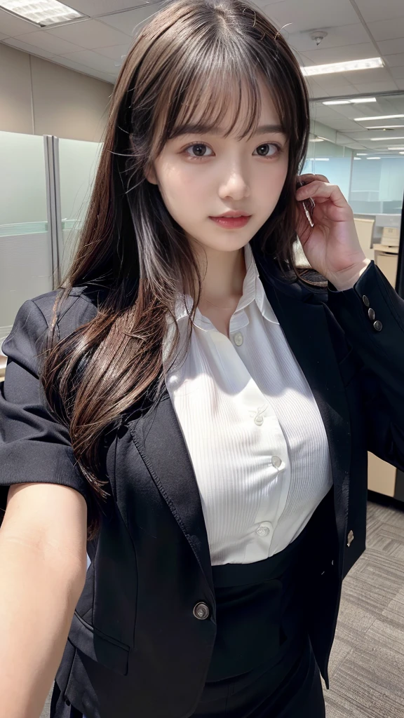 ((top-quality、8K、​masterpiece:1.3))、1girl in、Beautiful woman Standing in the house:1.3、long-haired、Colossal tits、(Office Lady, ,Suit, Black Suit,Black jacket, white shirt:1.5)、Super delicate face、Delicat eyes、double eyelid、Close-up of upper body from below