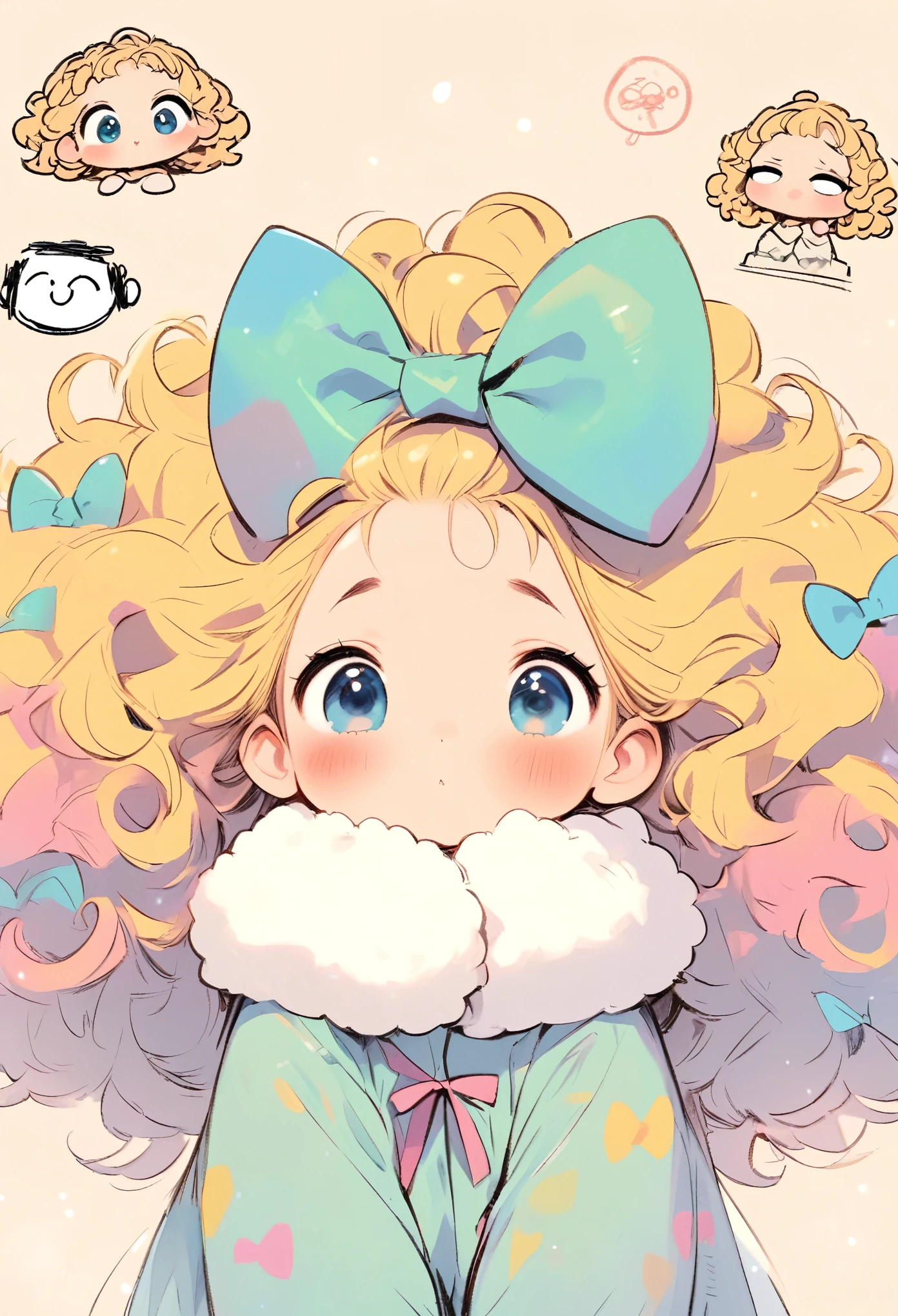 Hand-drawn style：1 Cute ，big eyes，Colorful doodle of fluffy curly hair，Oversized hair bow，cold，Cute expressions