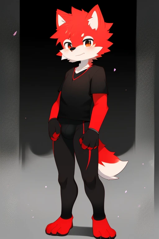 Furry wolf,((Shota)), black spandex tights, red shirt, solo, standing