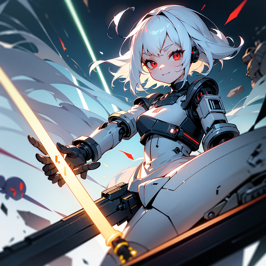 The android girl on the right (white hair, broken armor, extremely cute, lightsaber in left hand, beam rifle in right hand, , , big eyes, inappropriate smiling expression, mouth open) AND on the left Robot (powerful, black body, red eyes, lumpy, mechanical, doll robot, two hands are hammers)