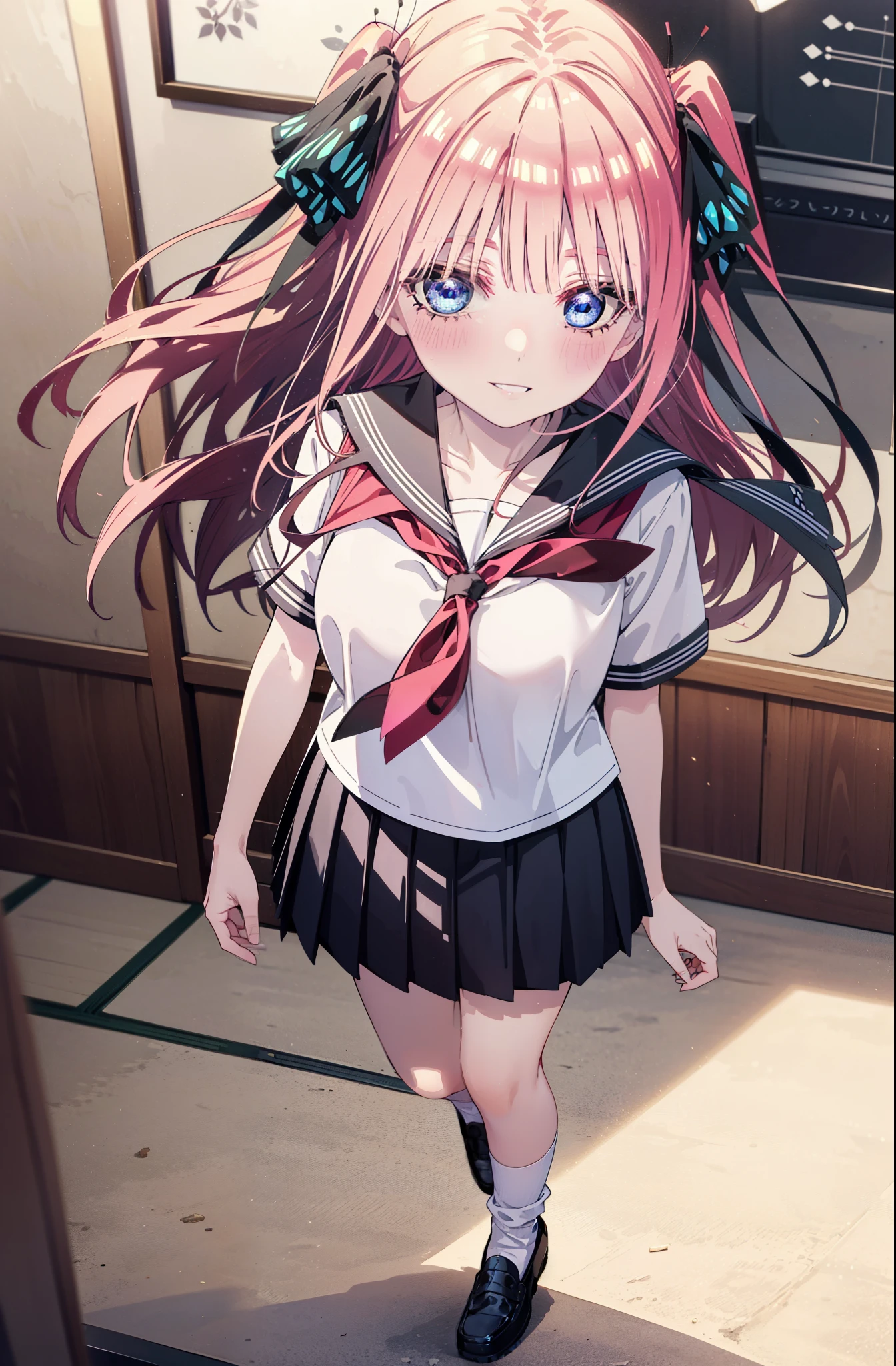 I was silent, nino nakano, Long Hair, bangs, blue eyes, hair ornaments, Hair Ribbon, Pink Hair, blunt bangs, Both sides up, butterfly hair ornaments,smile, Grin,Big Breasts,Japanese schoolgirl(Sailor suit),Short sleeve,Black pleated skirt,White loose socks,Brown Loafers,Daytime,sunny,whole bodyがイラストが入るように,Looking down from above,
break indoors, coffee shop,
break looking at viewer, whole body,
break (masterpiece:1.2), highest quality, High resolution, unity 8k wallpaper, (shape:0.8), (Beautiful details:1.6), Highly detailed face, Perfect lighting, Highly detailed CG, (Perfect hands, Perfect Anatomy),