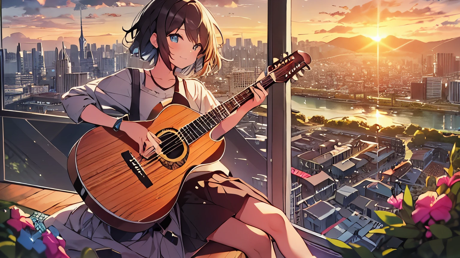 Tabletop, highest quality,shape, wallpaper, Super detailed, Absurd, 16-year-old girl, alone, (Medium Short Hair、play the guitar、smile、Overlooking the city from the top of the hill、Beautiful sunset