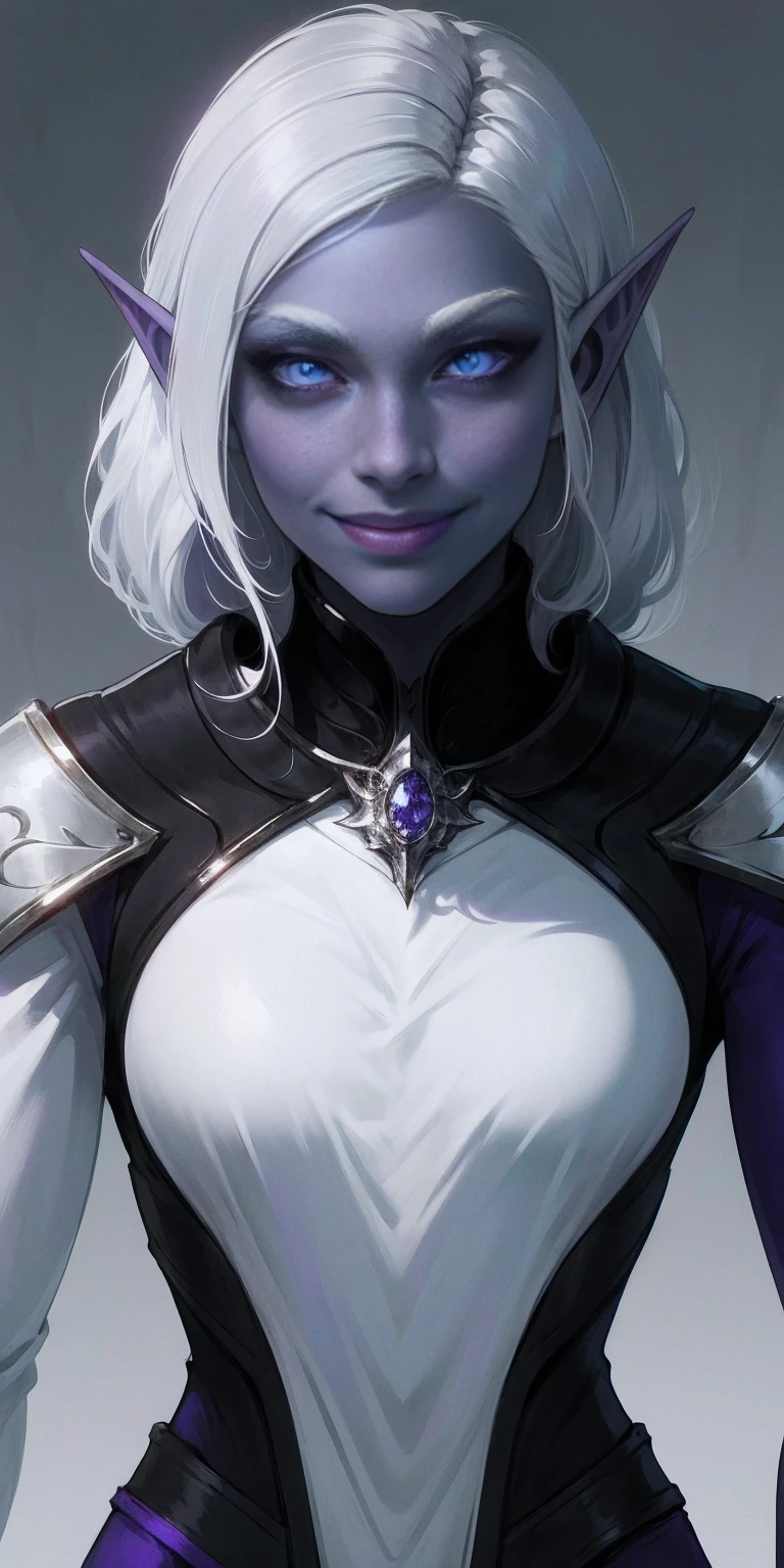 Female Drow Elf Gray skin smile, white silver hair and violet eyes