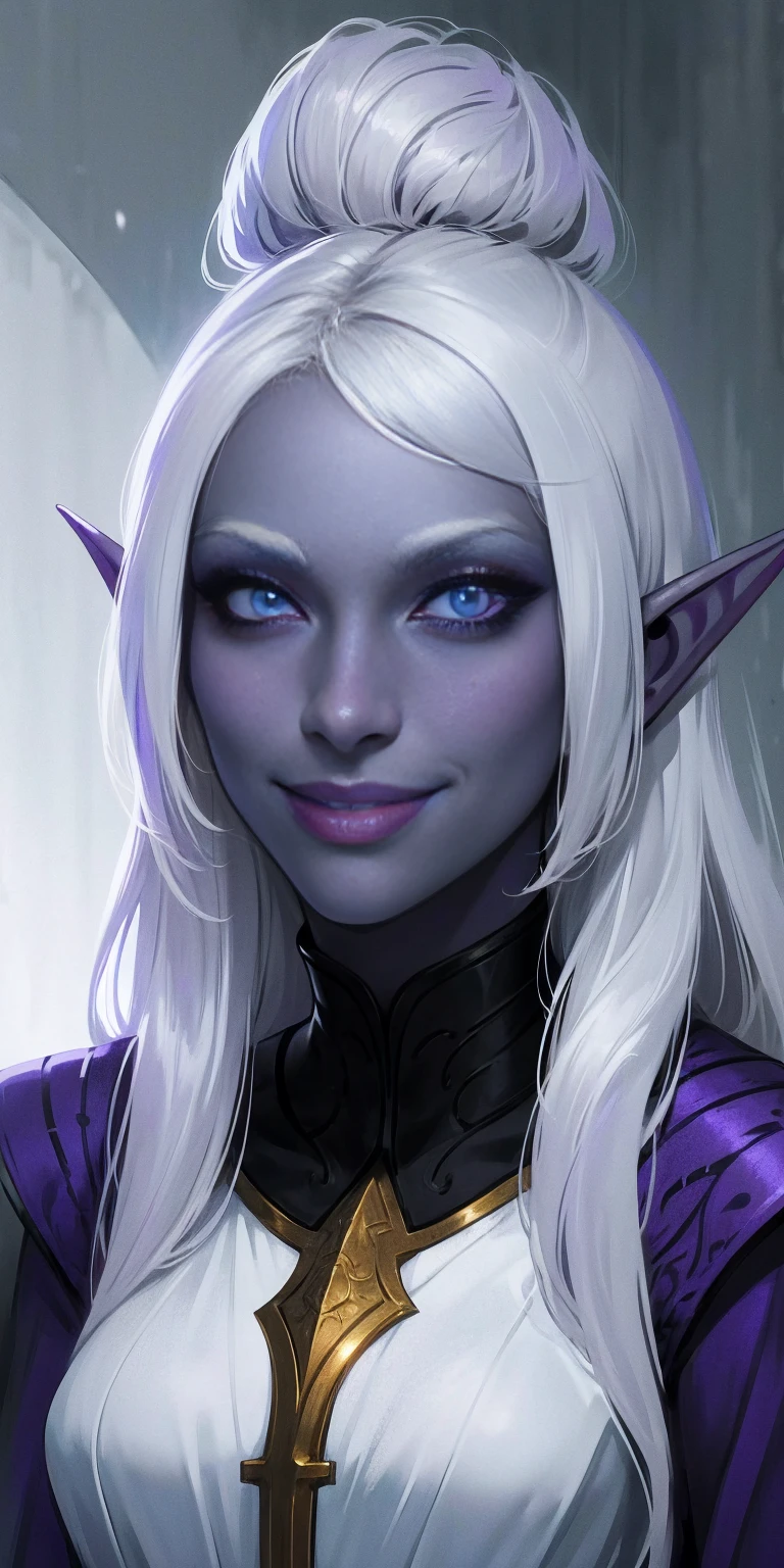 Female Drow Elf Gray skin smile, white silver hair and violet eyes