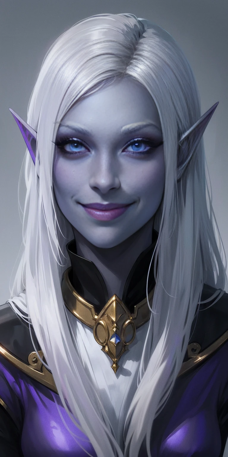 Female Drow Elf Gray skin smile, white silver hair and violet eyes