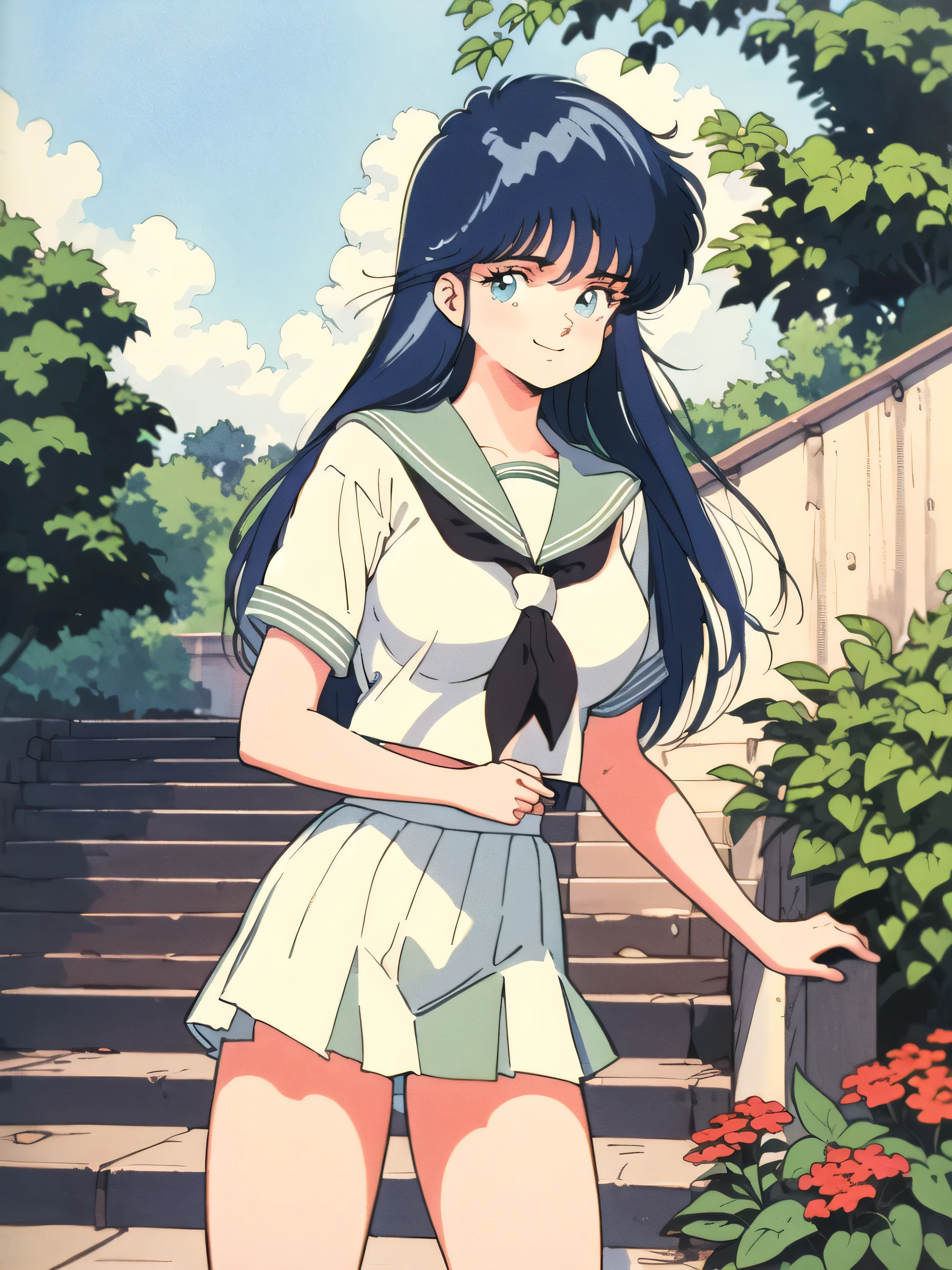 (masterpiece, high quality:1.2:), (Vivid colors:1.0), (Beautiful, detailed eyes),Brown, Short sleeve,, From below, //// (Anime Style, Retro art style, Clean brush strokes, Very detailed, Perfect Anatomy, Browsing Caution)、1 girl、 alone、((ayukawa madoka)), blue eyes, (Blue Hair、Long Hair、Parted bangs、Hair blowing in the wind)、smile、Cowboy Shot、(Huge breasts:1.7、(Sailor suit))、Narrow waist: 1.0、Wide Hips 1.4、(skirt:1.6、School Uniforms)、(stand, Spread your legs)、Looking at the audience、(null、 garden、 Stairs on the hill),