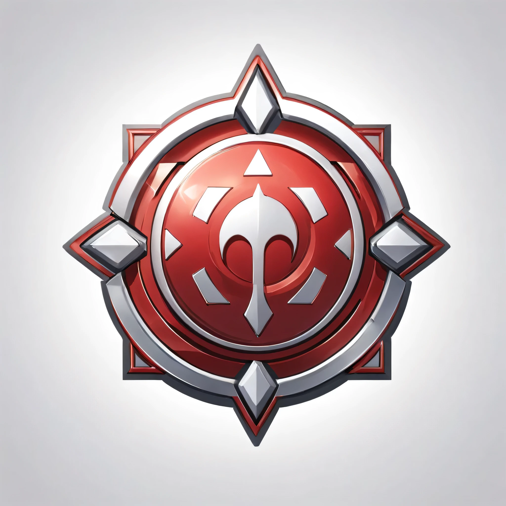 masterpiece, best quality, official digital art, 2D icon to be used for a card game, the icon is an emblem that represents an offense or attack type fighting style, the emblem is in a red-silver color, the emblem is also metallic, White background, 8k, anime-inspired style, no people, no humans