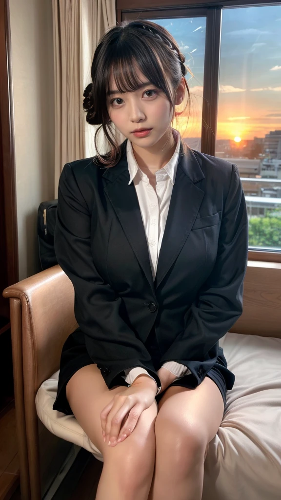 muste piece, best quality, illustration, Super detailed, fine details, High resolution, 8K,wall paper, perfect dynamic composition,(Details High quality, realistic depiction of eyes:1.3), Office Lady, ,Suit,Collared shirt, Black Suit,Black jacket, updo, huge breasts, black hair color, Big Natural Color Lip, bold sexy pose, crying a little、cold gaze, Harajuku style、20 year old girl、cute type、lolita、beautiful legs, hotel room, full body photo、focus on crotch, hposing Gravure Idol, Sexy shot looking at camera, Sunset, by the window, Summer, make up, Curve