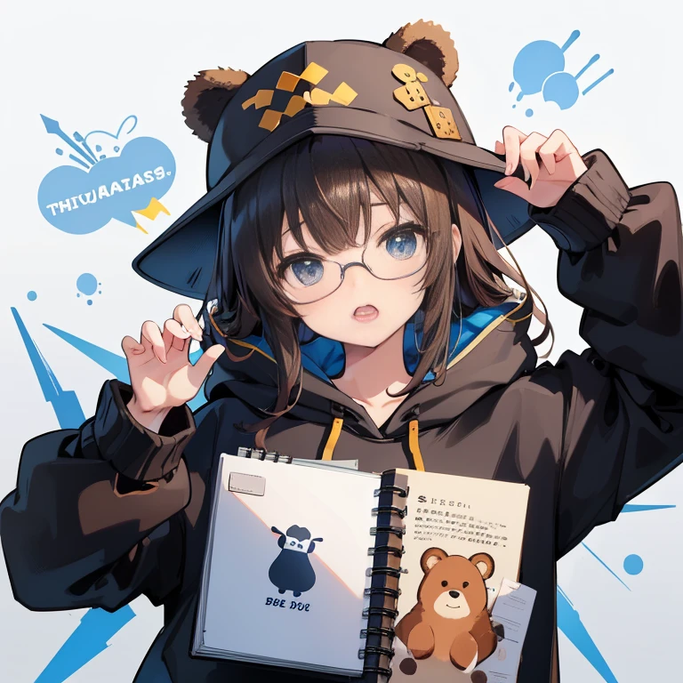 (mouthpiece, Highest quality, illustration, Very high quality, Extremely delicate writing),whole body, Bear face, Bear ears, Bear hands,, whole body被毛发覆盖, Wear the golden hat, wearing a hoodie, Lively, No background, one person, notebook，Brown long hair，Blue eyes，Half frame glasses