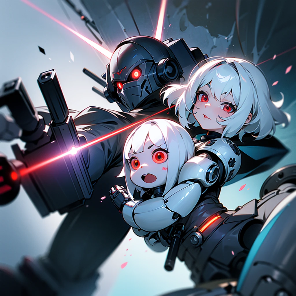 The android girl on the right (white hair, broken armor, extremely cute, lightsaber in left hand, beam rifle in right hand, , , big eyes, inappropriate smiling expression, mouth open) AND on the left Robot (powerful, black body, red eyes, lumpy, mechanical, doll robot, two hands are hammers)