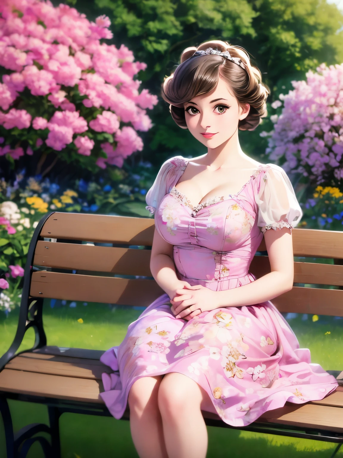 arafed woman in a dress sitting on a bench in a garden, a colorized photo by Evaline Ness, flickr, romanticism, 1 9 5 0 s style, 5 0 s style, 50s style, dressed in a flower dress, wearing pink floral gown, flower dress, wearing a wonderful dress, in a dress, retro 5 0 s style