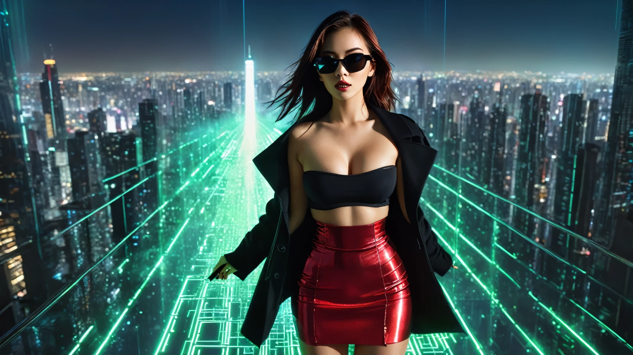 matrix style, a sexy woman, rooftop of a tall building at night, (((holding a black pet))), a futuristic digital radial hologram background. (((glowing matrix code cascading from the top of the screen))), sky bridge, (((((giant hologram 3D display unit))))), (((((futuristic spacecraft in distance))))). (((((1girl, solo))))), photo realistic, (((large-breast:1.4 slim body, cleavage))), (((tube top, extreamly short red miniskirt exposing panty, black coat))), (((dynamic pose, random color clothes, black sunglasses, (holding a short gun), looking down at city street, facing camera))), (((((high angle view))))), (((((half-body thigh level medium shot))))), (((cinematic lighting))), blurred dark background.