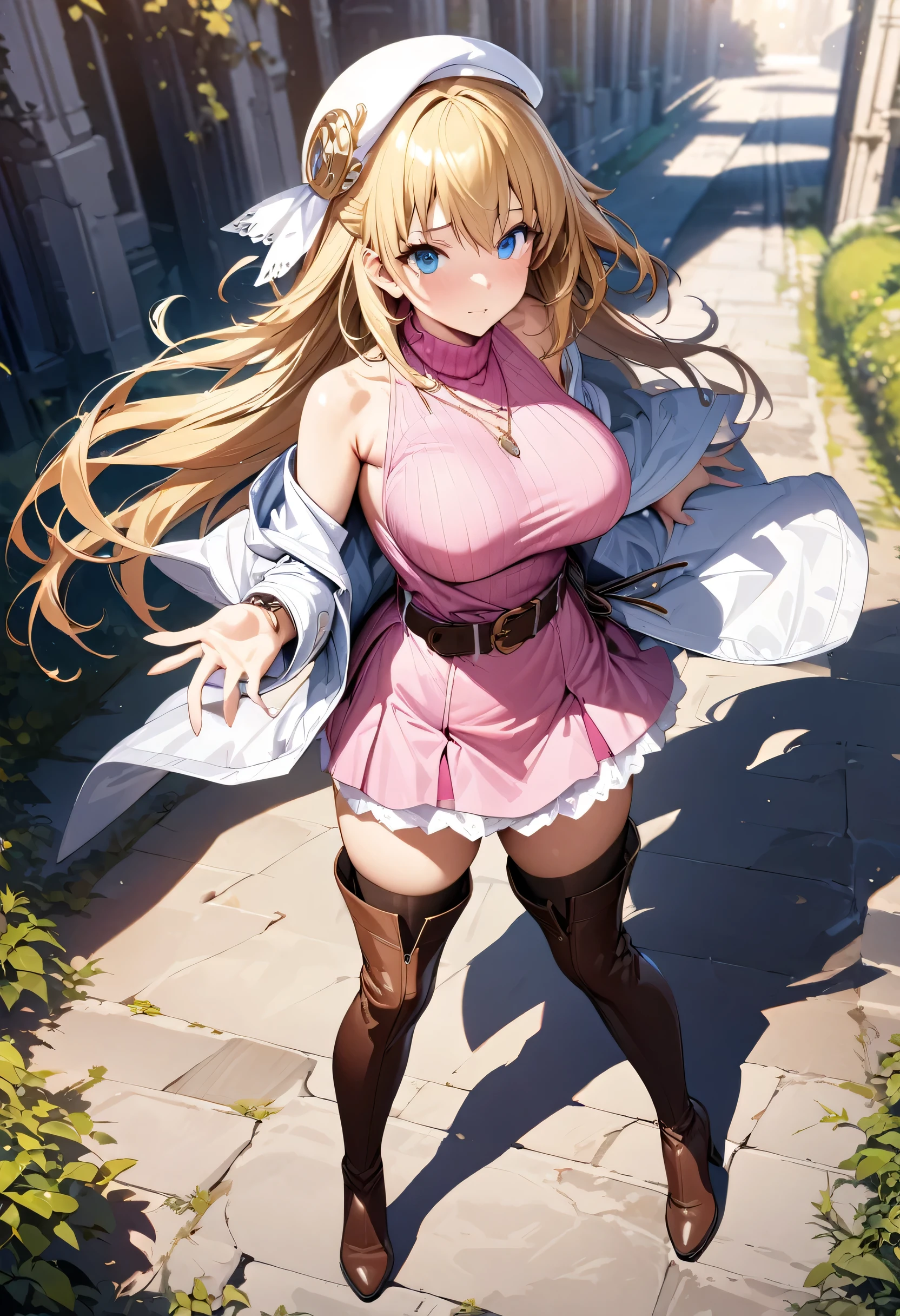 (masterpiece),(best quality),(ultra-detailed),(best illustration),(best shadow),(absurdres),(detailed background),(very aesthetic), agnes claudel, blonde hair, long hair, blue eyes, large breasts, hair ornament, beret, white coat, pink turtleneck dress, necklace, belt, pink skirt, pantyhose, brown boots, thigh boots,