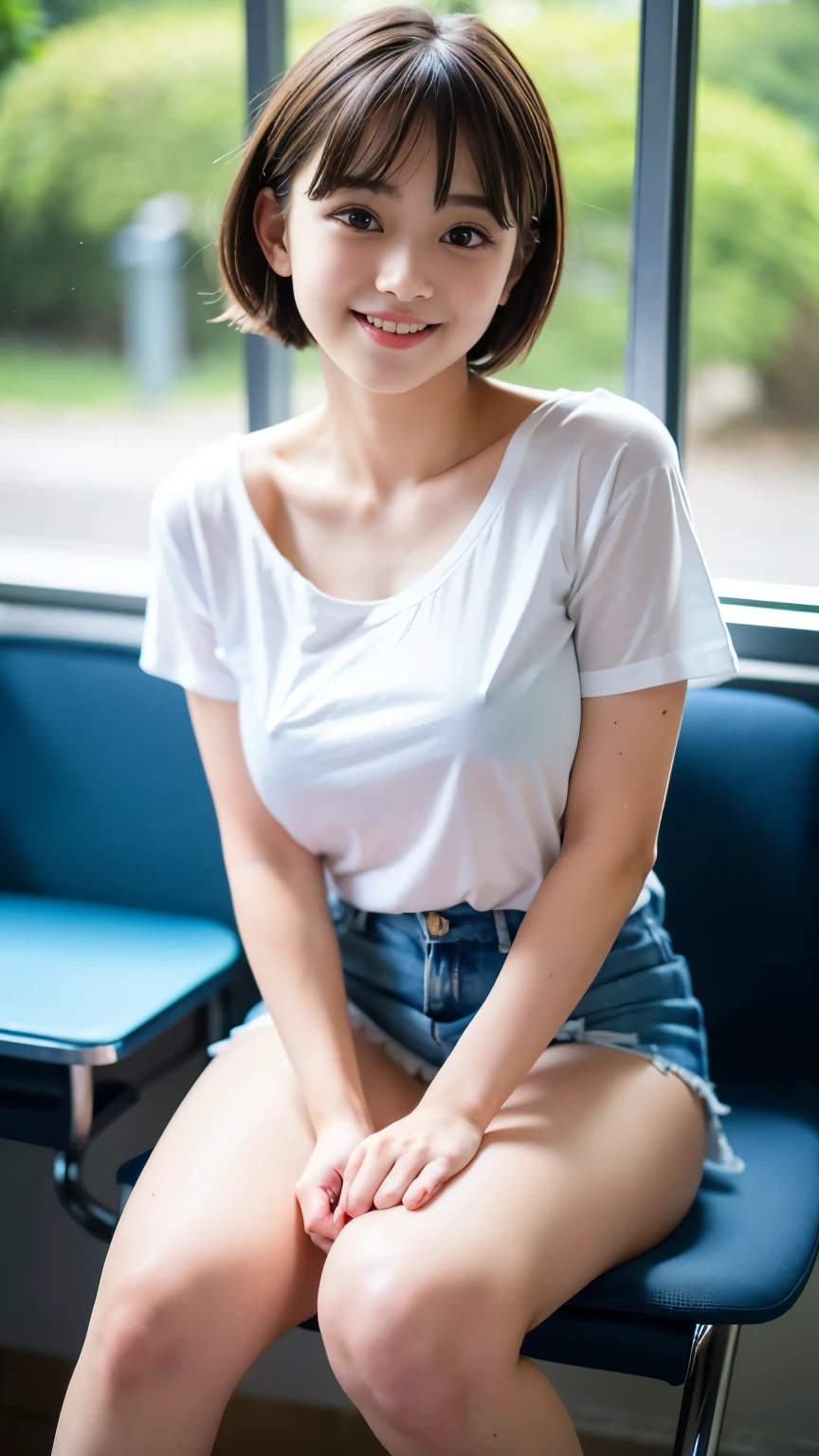 Best-quality, Masterpiece, Ultra-High-Resolution, (Photorealistic:1.4), Raw Photo, depth of field, professional lighting, perfect anatomy, extremely details, 1girl, 15-years-old, the most famous Japanese idol, sitting on school chair at classroom, wearing white T-shirt and wearing denim miniskirt over white-panties, (((open thighs, upskirt))), (extremely cute face, (extremely cute and extremely big eyes), extremely beautiful short-cut-haired, extremely beautiful skins), realistic skin texture, extremely cute long-eyelashes, extremely cute lips, childish body, extremely beautiful thighs, looking at viewer, innocent-smile
