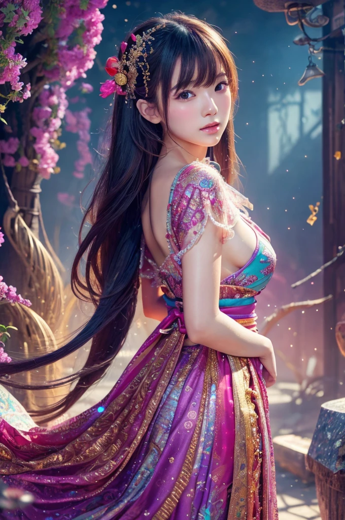 best quality, 8k, highly detailed face and skin texture, high resolution, sexy japanese girl in colorful dress, fantastic style background image, magical style, sharp focus