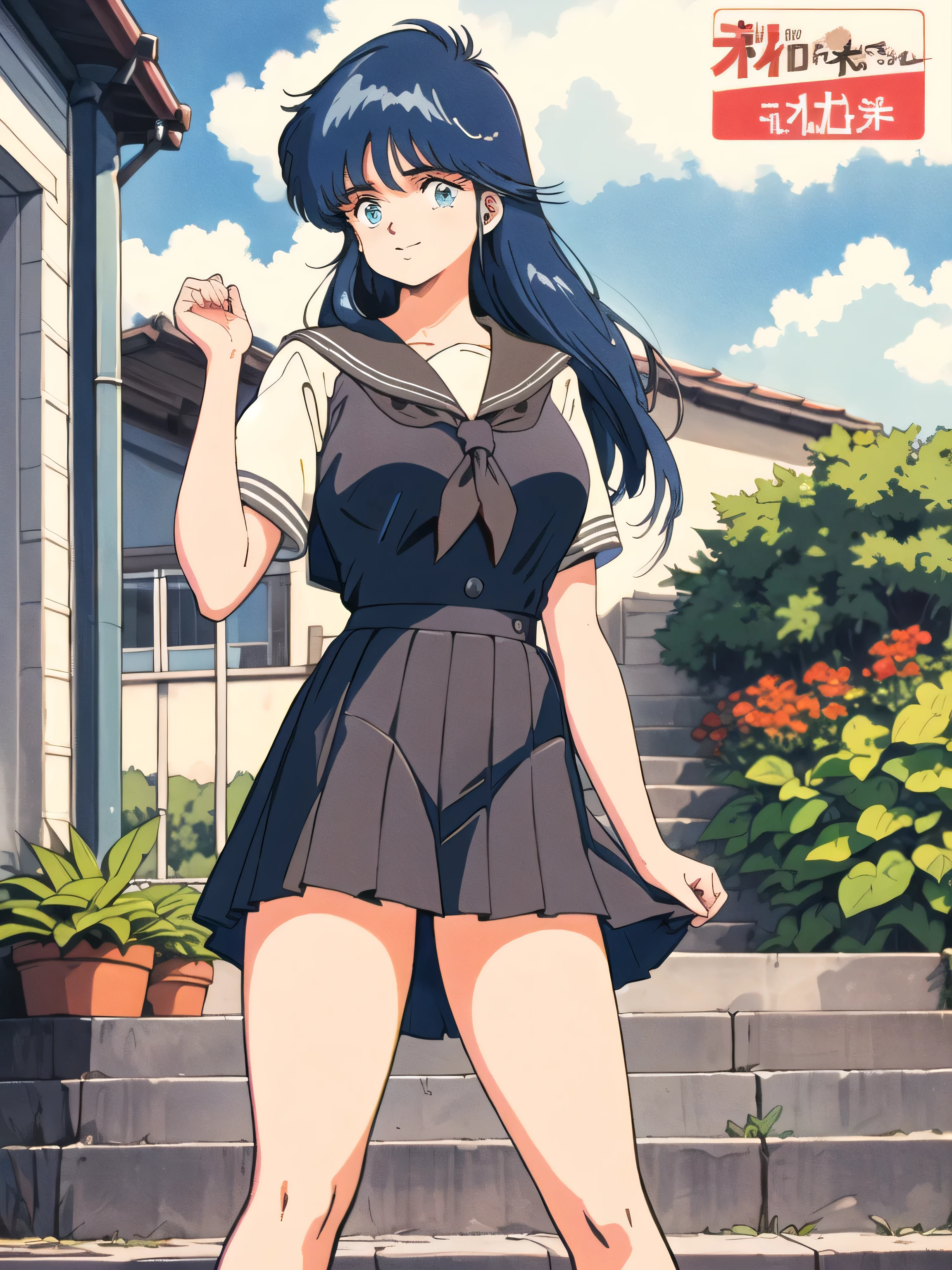 (masterpiece, high quality:1.2:), (Vivid colors:1.0), (Beautiful, detailed eyes),Brown, Short sleeve,, From below, //// (Anime Style, Retro art style, Clean brush strokes, Very detailed, Perfect Anatomy, Browsing Caution)、1 girl、 alone、((ayukawa madoka)), blue eyes, (Blue Hair、Long Hair、Parted bangs、Hair blowing in the wind)、smile、Cowboy Shot、(Huge breasts:1.7、(Sailor suit))、Narrow waist: 1.0、Wide Hips 1.4、(skirt:1.0、 Above knee length、School Uniforms)、(stand, Spread your legs)、Looking at the audience、(null、 garden、 Stairs on the hill),