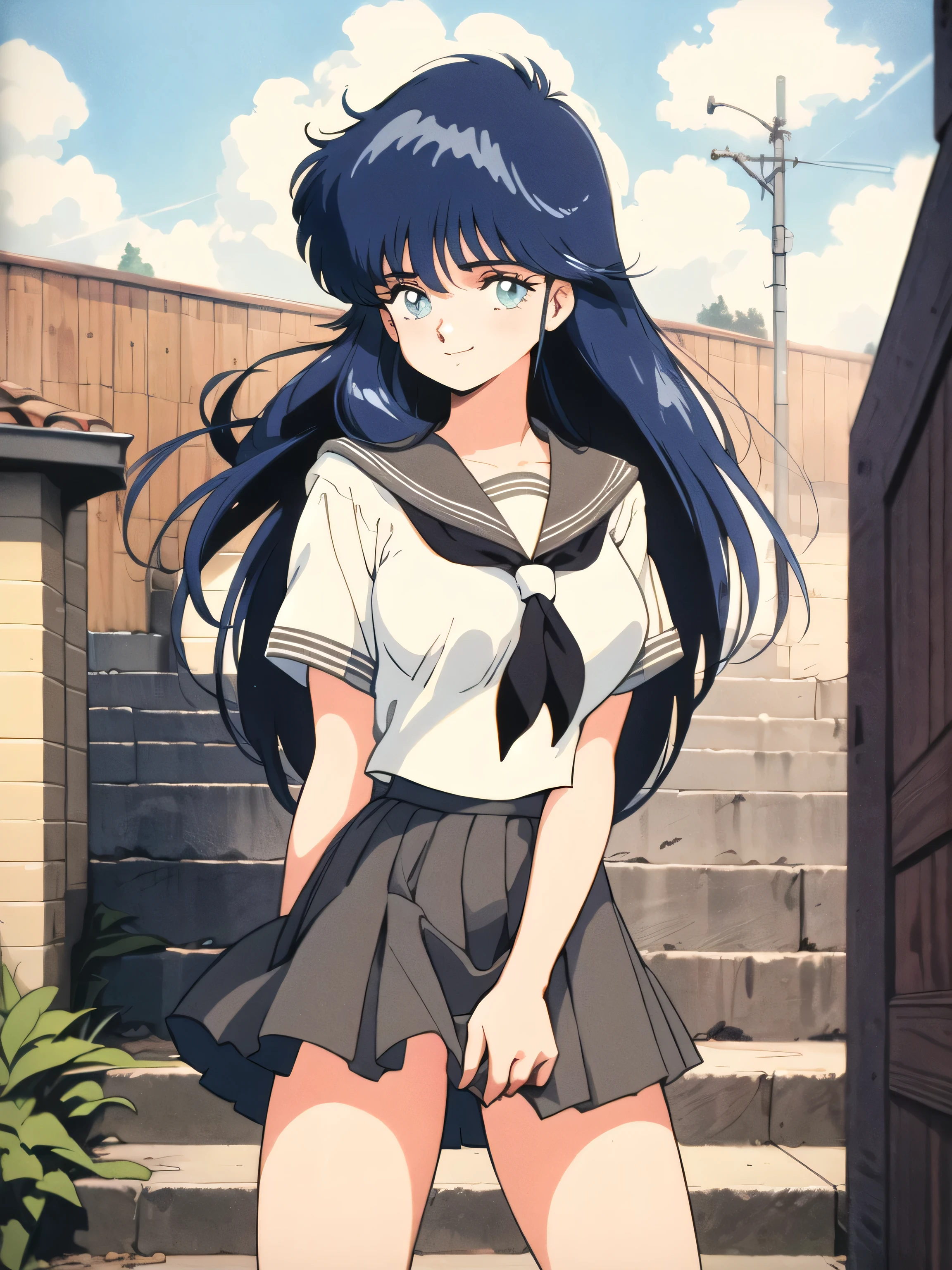 (masterpiece, high quality:1.2:), (Vivid colors:1.0), (Beautiful, detailed eyes),Brown, Short sleeve,, From below, //// (Anime Style, Retro art style, Clean brush strokes, Very detailed, Perfect Anatomy, Browsing Caution)、1 girl、 alone、((ayukawa madoka)), blue eyes, (Blue Hair、Long Hair、Parted bangs、Hair blowing in the wind)、smile、Cowboy Shot、(Huge breasts:1.7、(Sailor suit))、Narrow waist: 1.0、Wide Hips 1.4、(skirt:1.0、 Above knee length、School Uniforms)、(stand, Spread your legs)、Looking at the audience、(null、 garden、 Stairs on the hill),