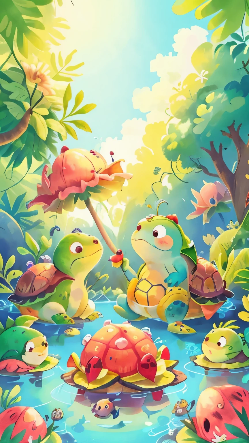 Turtles eat watermelon and swim in the water