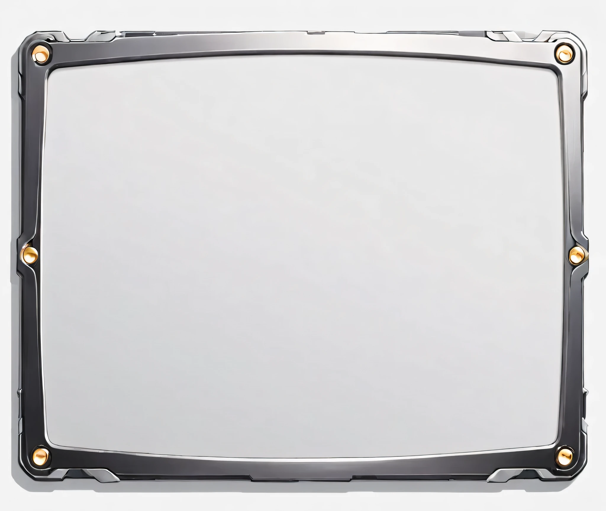 masterpiece, best quality, official art, 2D rectangle name plate for card game that has a very thin simple outer metal frame. The name plate should be very plain and sinple. The inside of the rectangle is a light grey and simple with no intricate details or designs to allow for the card name to be written. The inside of the rectangle is blank. The rectangle is wide enough to allow a name to be written but it's length is short. Outer metal frame is thin and silver in color. The outer metal frame is not overly elaborate, it shouldnt be too fancy. White background, 8k, anime-inspired style, no people, no weapons, no humans, chrome metal material, no robots, no logo, not 3D.