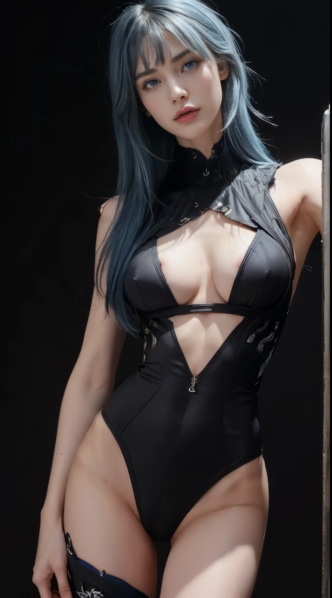 8K, Top Quality, Intricate Details, Ultra Detail, Ultra High Resolution, Masterpiece, close up shot, (full body: 1.1), Slender, Smile, (Makeup: 0.4), (Fluffy blue Eyes: 1.21), (()), 1girl, solo, 1 girl, ((blue hair, bangs)), close up shot, , ((tall)), (((fit body))), (((slim face))), sharp face, (()) ,(detailed face), sharp face, small lips, , , ,
((, )), , ((high tech suit)), detailed face, detailed breast, , ((large breast, huge , , Narrow Waist, Skinny, tall , 190 cm tall, Muscular, Navel, Exposed Abdomen, Pointed Chest,, Beautiful girl with accentuated slender abs: 1.4, Six Pack Abs: 1.4, Bust Botox, Big, Perfect Body, detail leg, (( dark background)), black background,