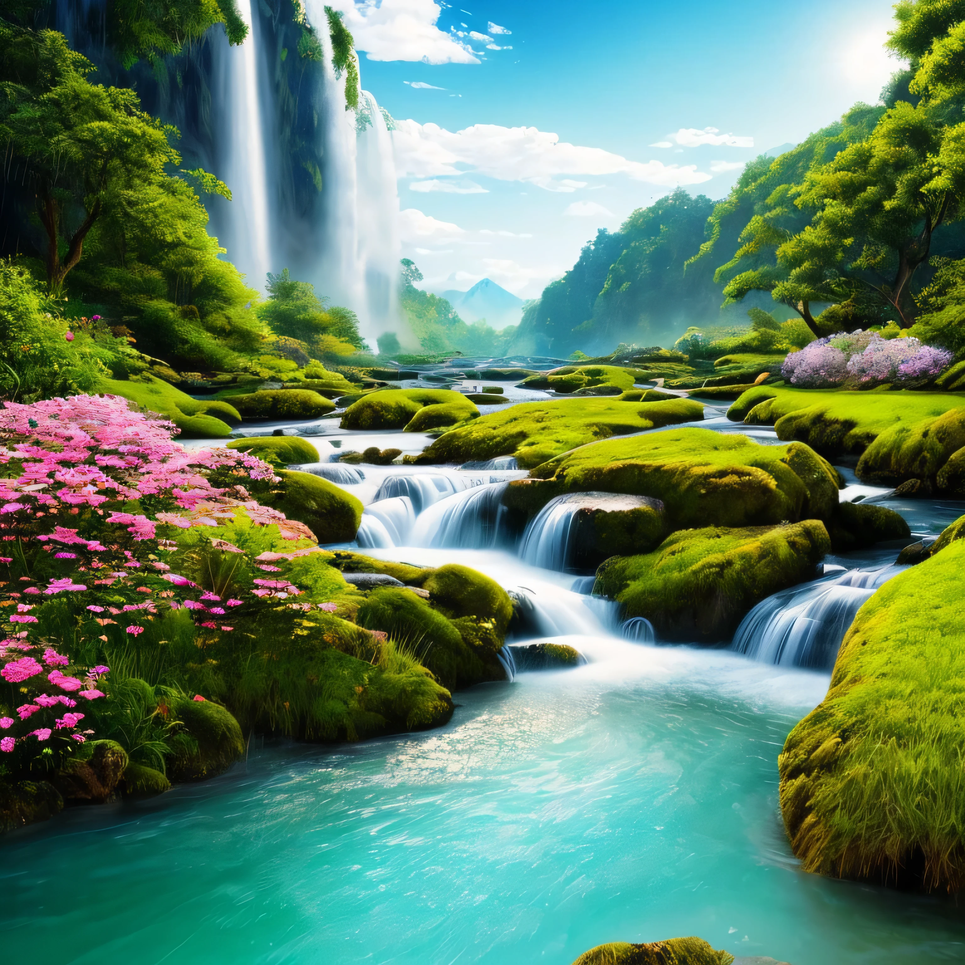 masterpiece, 最high quality, high quality, Very detailed CG unity 8k wallpaper, Brightly colored flowers々、waterfall、rain、rain、rain、an extremely colorful and pure fantasy environment, bright green grass landscape, colorful trees々々, Shining Fruit, Bright blue flowers. The color of the river is deep blue, The air is filled with sweet exotic scents. The environment is like a dream, Award-winning photography, Bokeh, Written boundary depth, High resolution, bloom, chromatic aberration ,Realistic,Very detailed, Trending on Art Station, CGSociety Trends, Complex, Attention to detail, dramatic, art:The middle of a journey