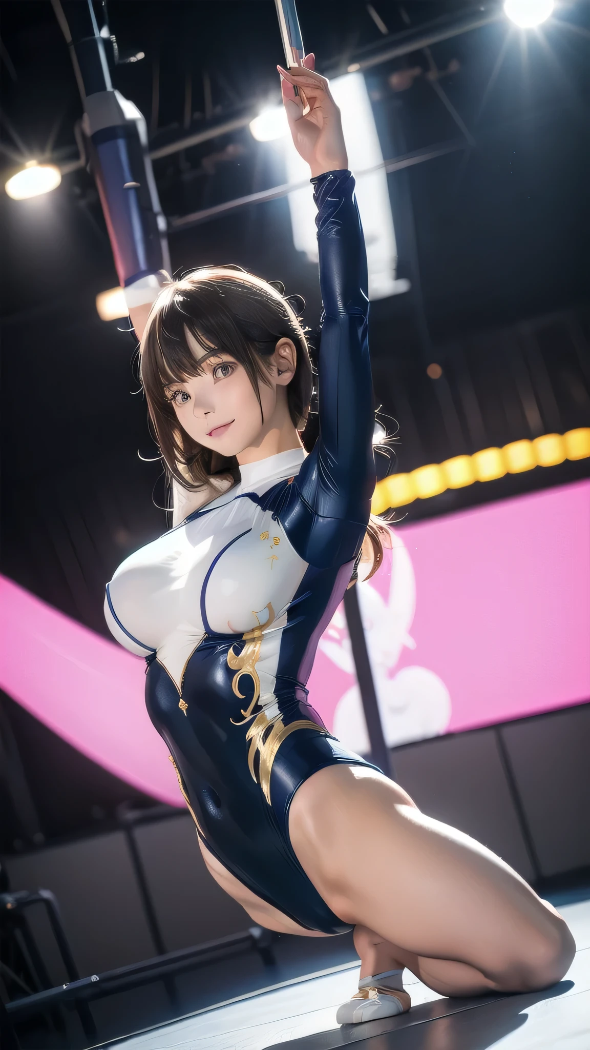 woman:1 person, ((Highly detailed skin), Beautiful realistic face, White skin, Pointed Chest, Erect nipples, Perfect Anatomy, Realistic eyes, Natural Eyes, Brown Eyes, Accurate eye focus, Accurate limbs), (Hyper Realist, Ultra-realistic, 4k, Attention to detail, Ultra-high resolution, highest quality, masterpiece, Presence, dynamic, bold, Sharpness), (Thinning hair:2), (Soft Hair:2), (Straight hair:1.5), Long, slicked bangs, Very light coppery amber hair, Hair on one eye, Twin tail hair, (Female gymnast, Detailed costume, Wearing a long sleeve leotard:1.5), Shiny long sleeve leotard, Gold long sleeve leotard, SilverLong Sleeve Leotard, Metallic colors long sleeve leotard, Racing long sleeve leotard, Gymnastics Long Sleeve Leotard, High leg long sleeve leotard, Long sleeve leotard with crystals, ({Pink| Gold| silver| Wine Red| Navy| Purple color| yellow color| Gray color| Metallic colors|}Long sleeve leotard colors), Big Breasts:1.2, Tall, Long, slender limbs, Crouch down, M-shaped split, (Squat:1.2), Squat with your legs wide apart, Spread your legs, The long-sleeved leotard is digging into her butt, barefoot, Looking into the camera, smile, (Gymnastics Venue:1.3), Nikon, Canon,