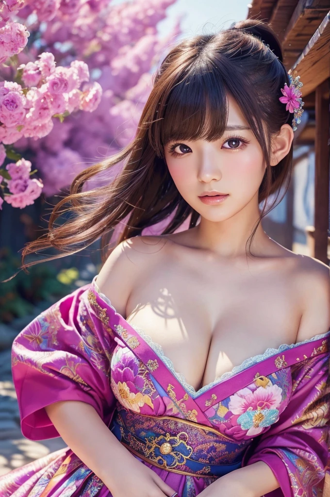 best quality, 8k, highly detailed face and skin texture, high resolution, sexy japanese girl in colorful dress, fantastic style background image, magical style, sharp focus