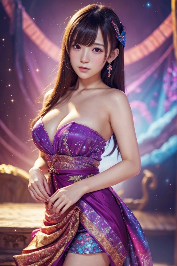 best quality, 8k, highly detailed face and skin texture, high resolution, sexy japanese girl in colorful dress, fantastic style background image, magical style, sharp focus