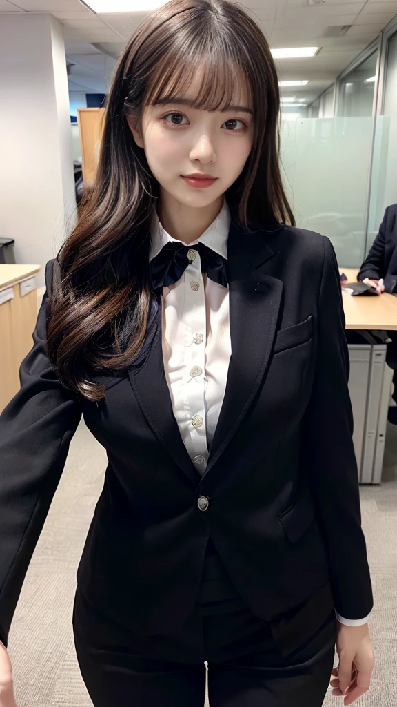 ((top-quality、8K、masterpiece:1.3))、1girl in、Beautiful woman Standing in the house:1.3、long-haired、Colossal tits、(Office Lady, ,Suit, Black Suit,Black jacket, white shirt, Collared shirt:1.5)、Super delicate face、Delicat eyes、double eyelid