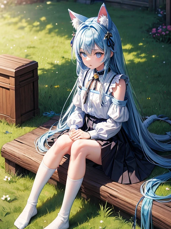Blue long hair girl with blue eyes have blue cat ears 2 blue wings 1 cat tails have black collar with golden bell wearing blue shoulderl less and blue skirt white long socks no shoes have a leather leash tie both of hands in front and have black leash attach to collar and link to a wooden fence and have bone bite in middle of mouth also sitting down on grass floor