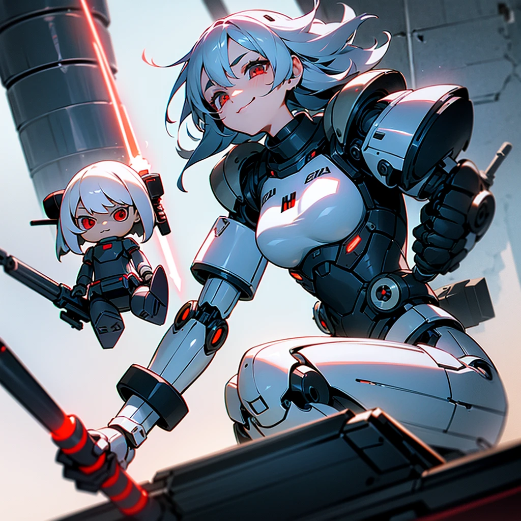 The android ??????? the right (white hair, broken armor, extremely cute, lightsaber in left hand, beam rifle in right hand, , , big eyes, inappropriate smiling expression, mouth open) AND on the left Robot (powerful, black body, red eyes, lumpy, mechanical, doll robot, two hands are hammers),overquality,HD