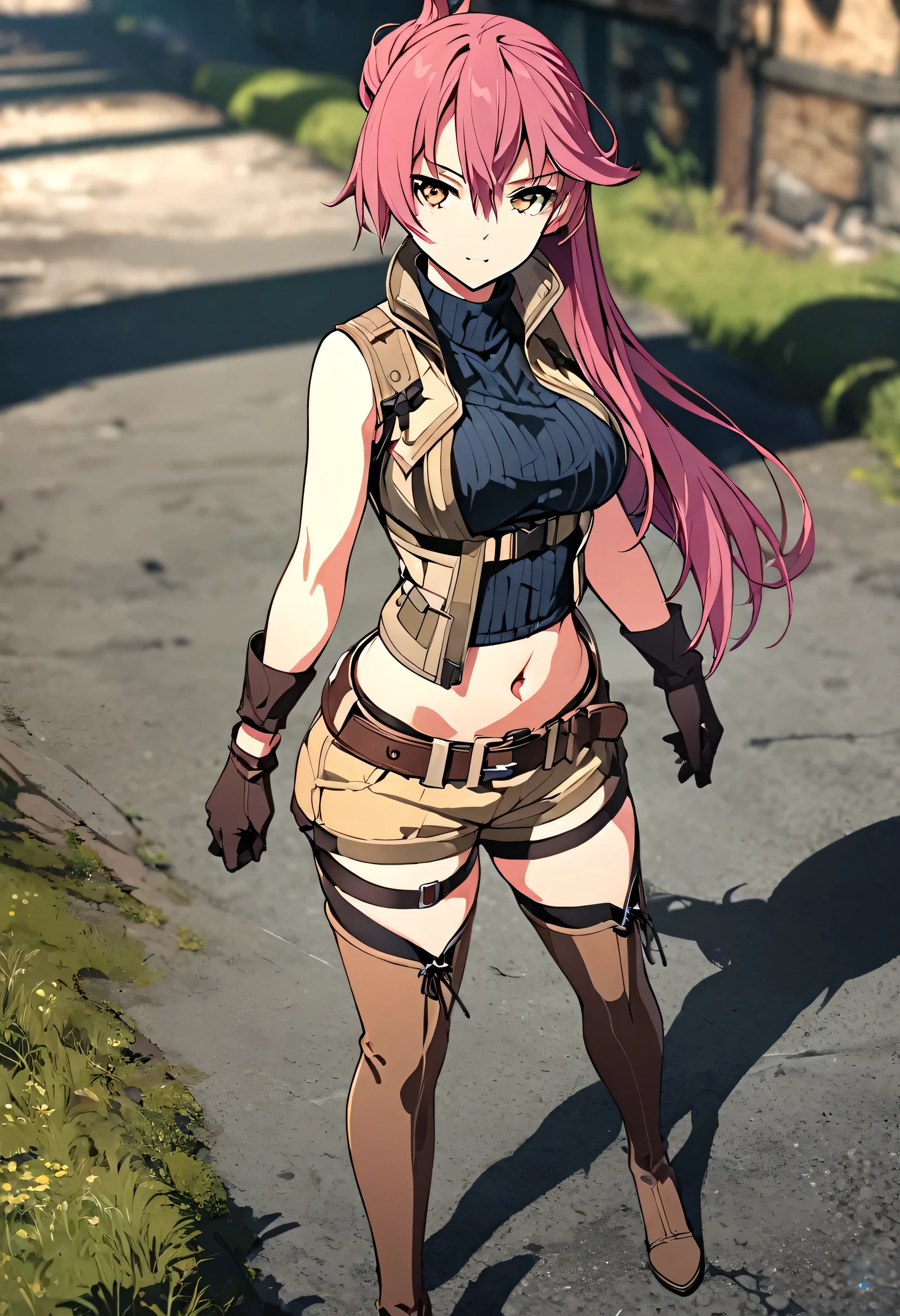 (masterpiece),(best quality),(ultra-detailed),(best illustration),(best shadow),(absurdres),(detailed background),(very aesthetic), sara valestein, jaegeroutfit, 1girl, solo, thighhighs, bandages, boots, gloves, shorts, navel, pink hair, long hair, turtleneck, sleeveless turtleneck, belt