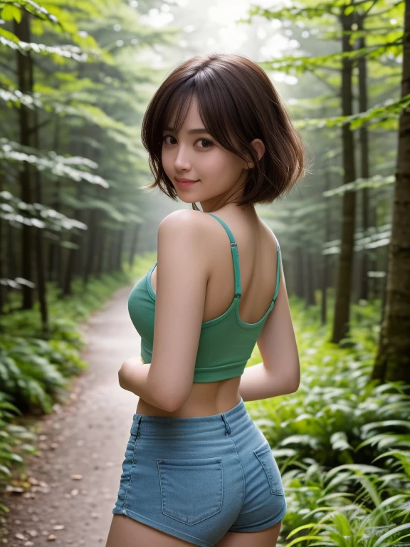 masterpiece, highest quality, High resolution, wallpaper, Realistic, Bright lighting, Professional Lighting, Face Light, Smooth lighting, Japanese Girls, ((Whole body 1.4)),Shot from behind,Face facing the viewer, cute, smile, beautiful girl, gravure, sexy, so beautiful, Beautiful Skin, Beautiful and detailed、Detailed face、slim、Moderate, short hair, Brunette colored hair, Brown eyes, View your viewers,Tank top, Short, tight shorts,Morning sun shining through a misty forest path.Small,