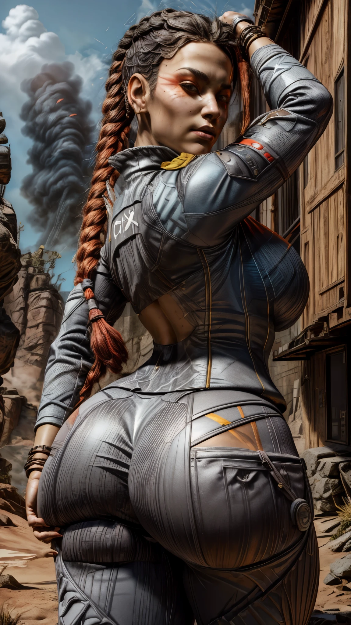 from behind, Loba(Apex Legends), Charcoal yoga colored pants, Silver colored shirt, portrait , looking at viewer , solo, Large breasts, thick thighs, curvy hips, big buttocks 