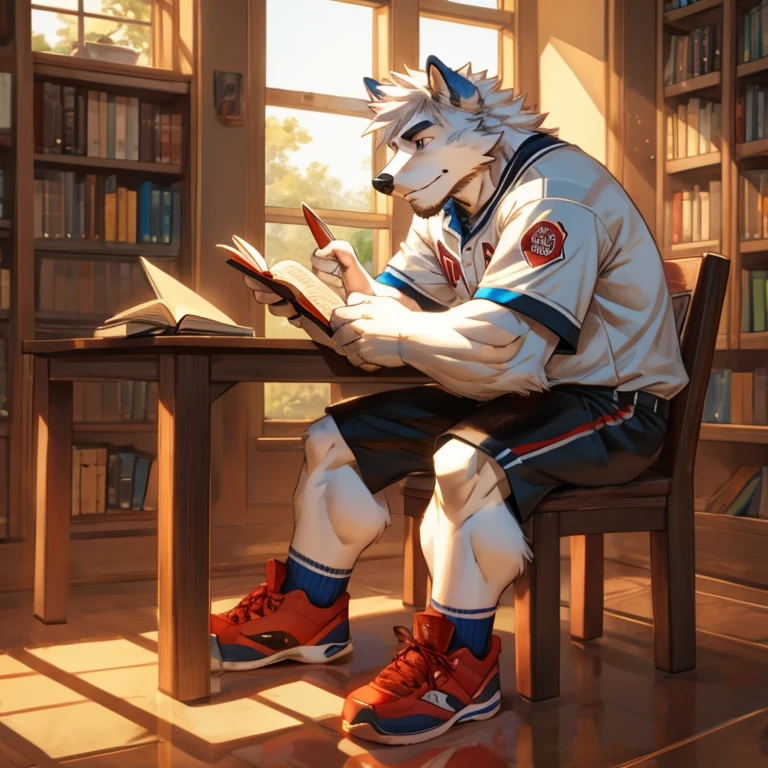 The white wolf is sitting on a chair in front of a table full of books, reading a book seriously.，Wearing a black and white baseball uniform，Black shorts，Red sneakers and black socks，Eyes are blue，White hair on the top of the head with some red hair