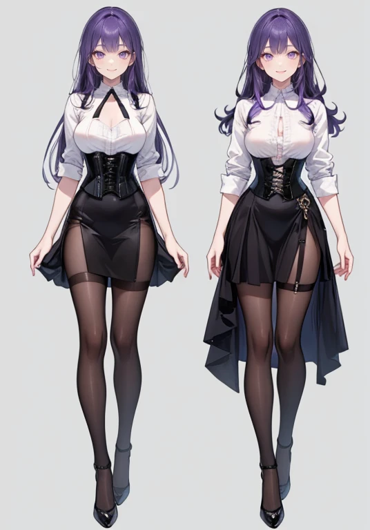 Purple hair,long hair,Adult female,Bartender,((Body harness)),((Rolling up your sleeves shirt)),Open chest tops,(Corset),(skirt),(slit),High heels,((Simple background)),Smile,((Full body)),((whole body)),Character Sheet,
