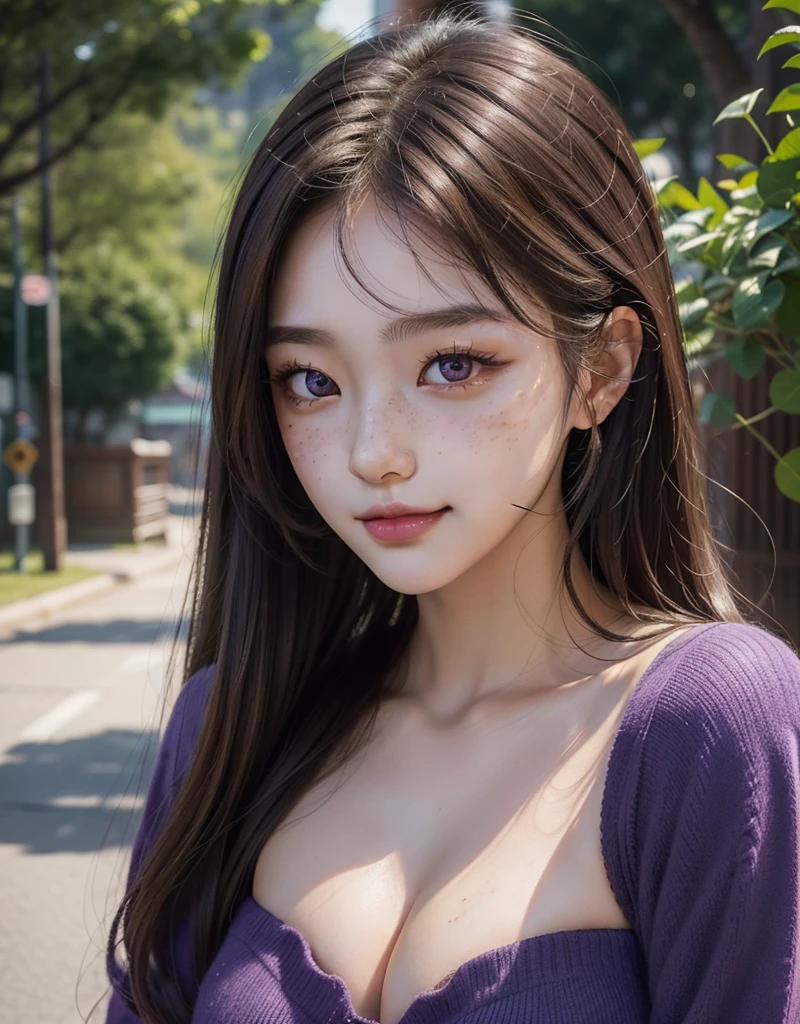 1 girl, 18 years old, south korean, idol, masterpiece, perfect face, soft skin, freckles under eyes, long whavy brown hair, shiny purple eyes, very breast, light purple lips, natural makeup, red eyeliners, smile, perfect teeth, close up, purples trees.