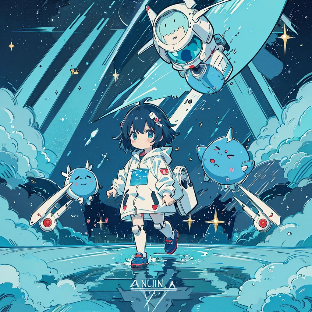 A cute Dorami-chan-like robot is walking in the night sky. Anime,