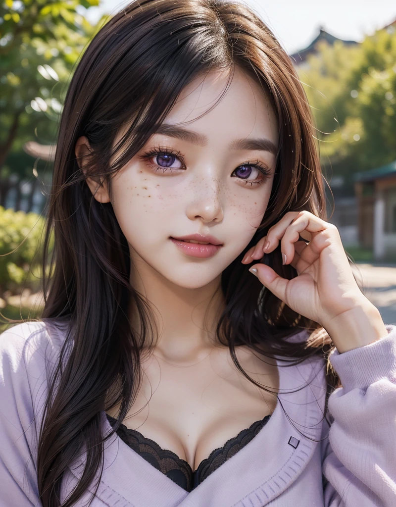 1 girl, 25 years old, south korean, idol, masterpiece, perfect face, soft skin, freckles under eyes, long whavy brown hair, shiny purple eyes, very breast, light purple lips, natural makeup, red eyeliners, smile, perfect teeth, close up, purples trees.