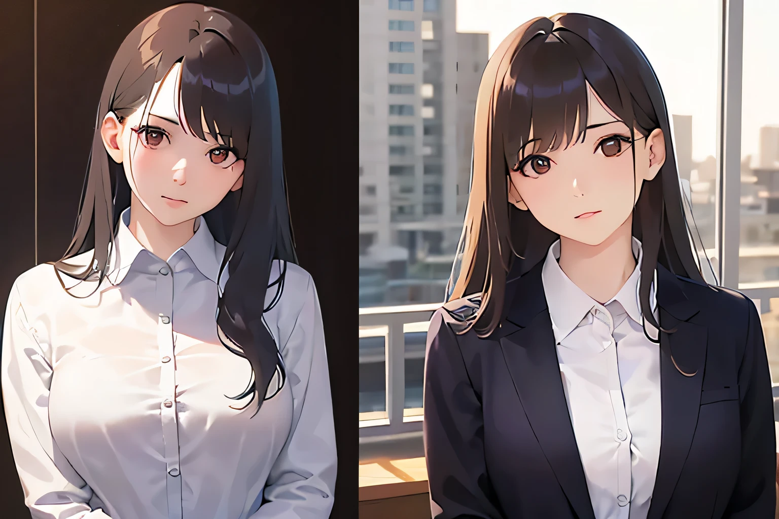 head tilt、Upper Body, Realistic, real person, (pale skin: 1.2), RAW photo, photorealistic, portrait photography, shiny skin, shiny hair、(A 25-year-old woman with medium-length hair and bangs) and (wavy hair) and (brown hair) and (orange eyes) , (Wearing a business suit:1.5) and (Wearing a white collared shirt)、Serious expression, The background is the office、Alone、Are standing、Bold composition